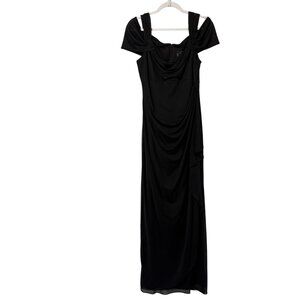 Alex Evenings Draped Cold Shoulder Long Evening Gown Size 12 Black Ruched Dress